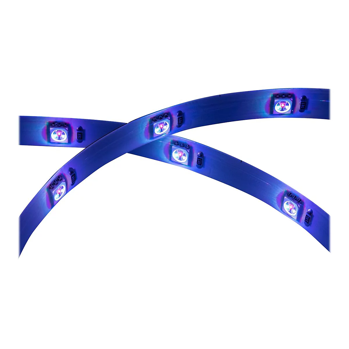 Blauer LED-Lichtstreifen, der sich kreuzt und hell leuchtende LED-Elemente zeigt.