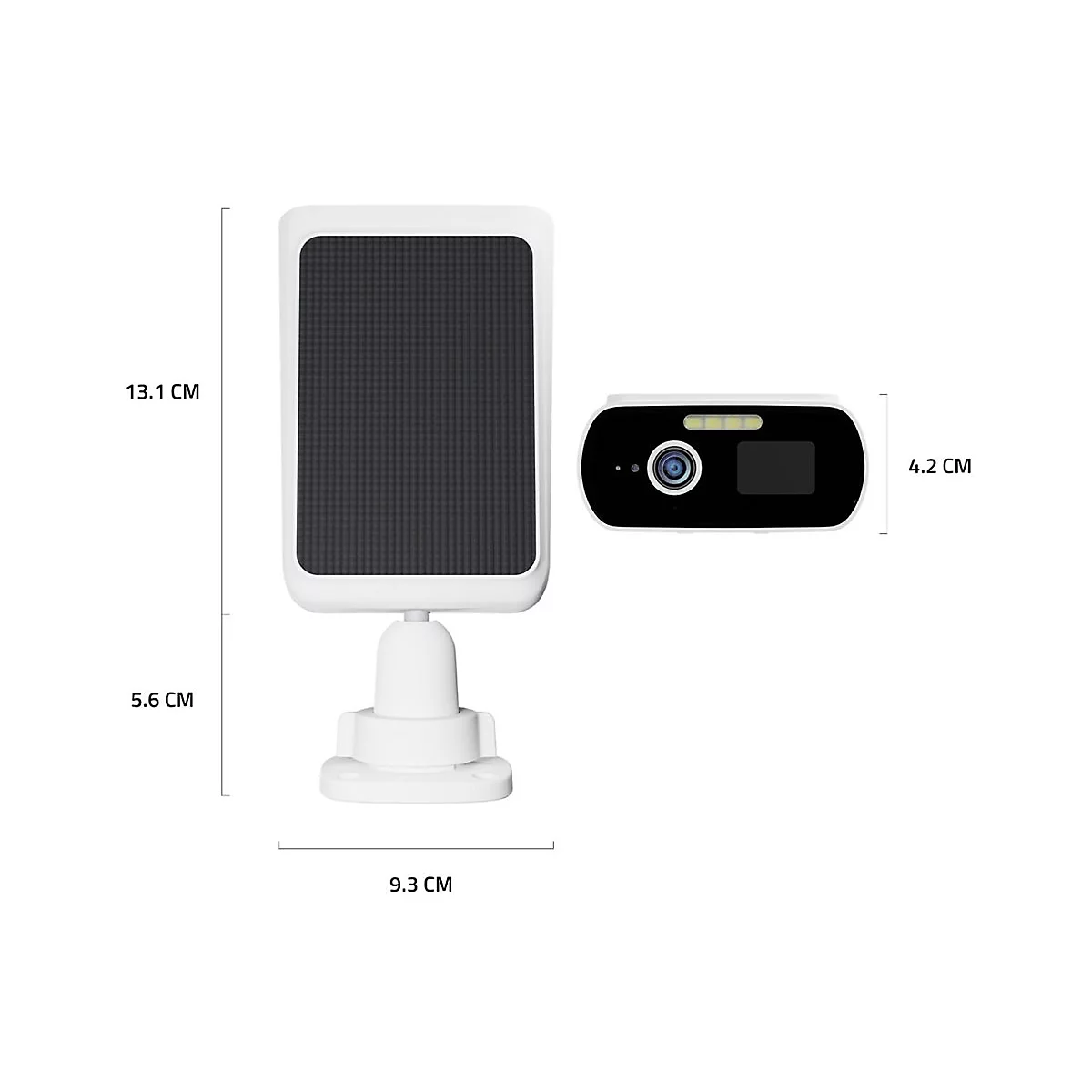 Überwachungskamera mit Solarpanel auf weißem Hintergrund und Bemaßungen.