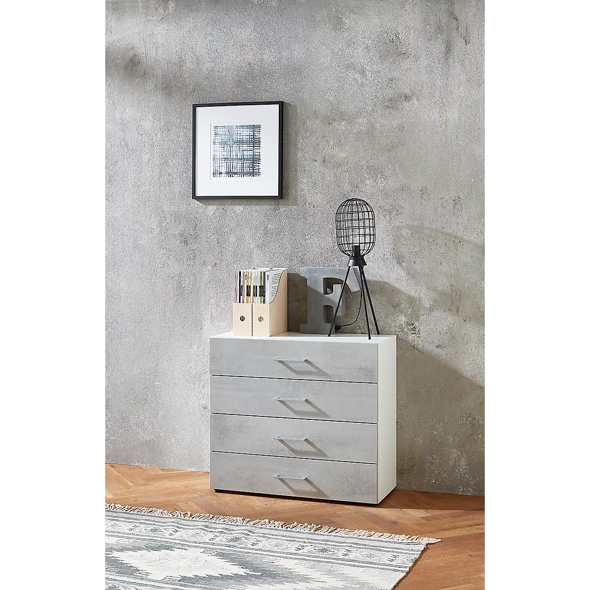 Home Kantoorkast TEMPIO, van hout, 4 laden, 2 OH, B 800 x D 340 x H 720 mm, wit/beton