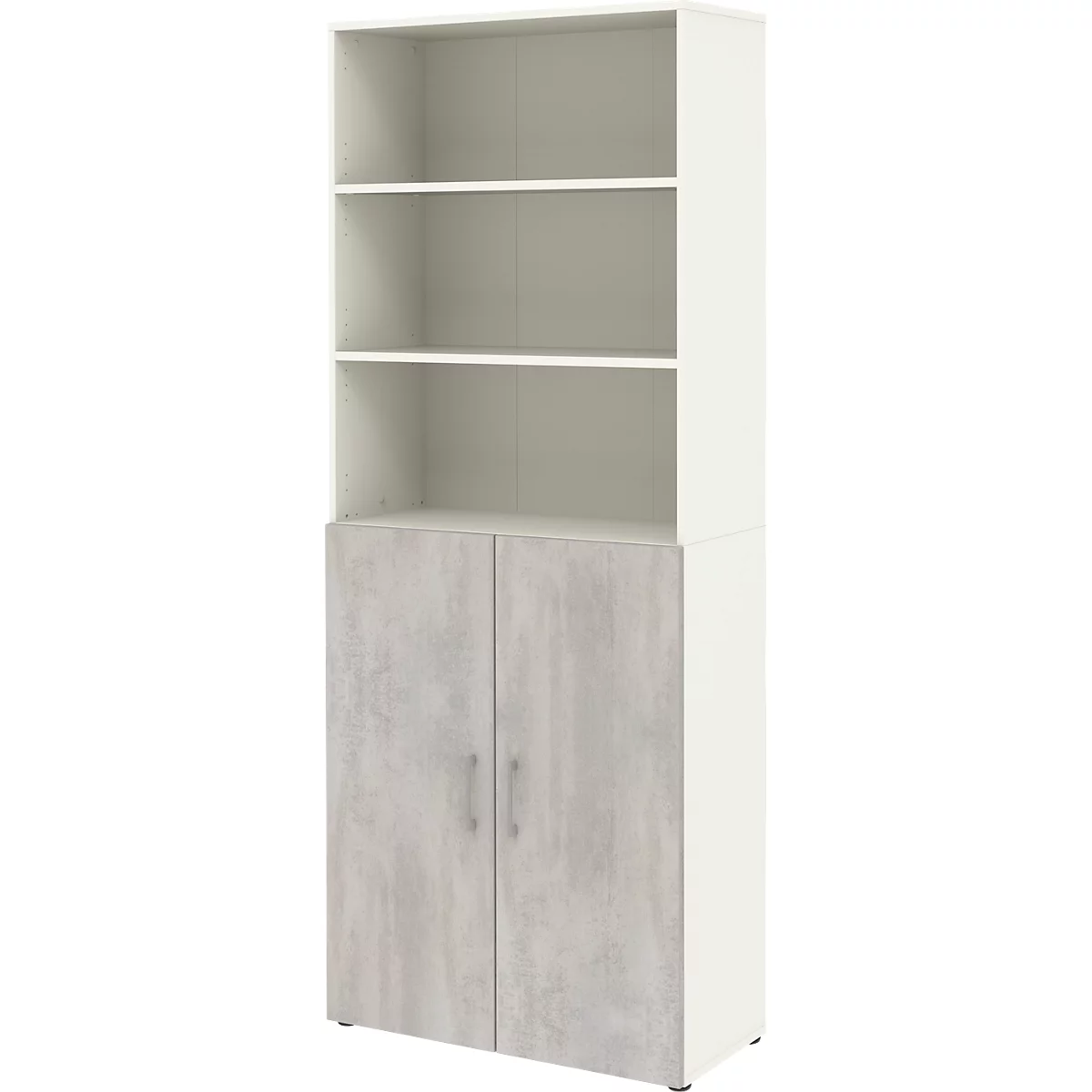 Home Office armoire combinée TEMPIO, en bois, 2 portes (3 OH), 6 OH, L 800 x P 340 x H 2130 mm, blanc/béton