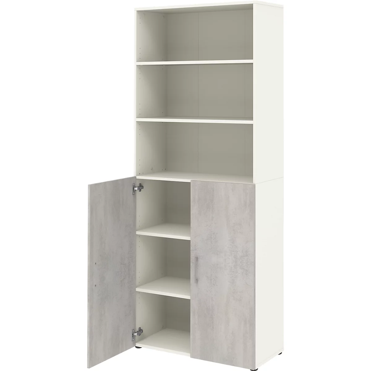 Home Office armoire combinée TEMPIO, en bois, 2 portes (3 OH), 6 OH, L 800 x P 340 x H 2130 mm, blanc/béton