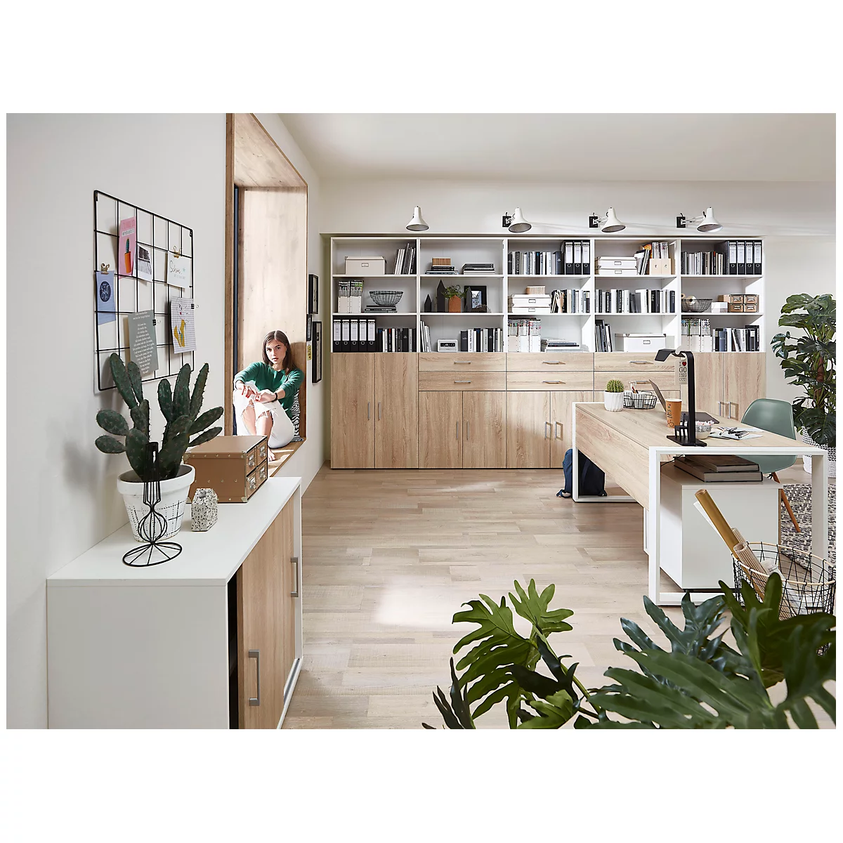 Home Office-combinatiekast TEMPIO, van hout, 2 deuren (3 OH), 6 OH, B 800 x D 340 x H 2130 mm, eiken wit/Sonoma