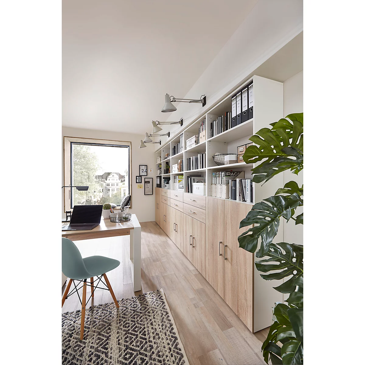Home Office-combinatiekast TEMPIO, van hout, 2 deuren (3 OH), 6 OH, B 800 x D 340 x H 2130 mm, eiken wit/Sonoma