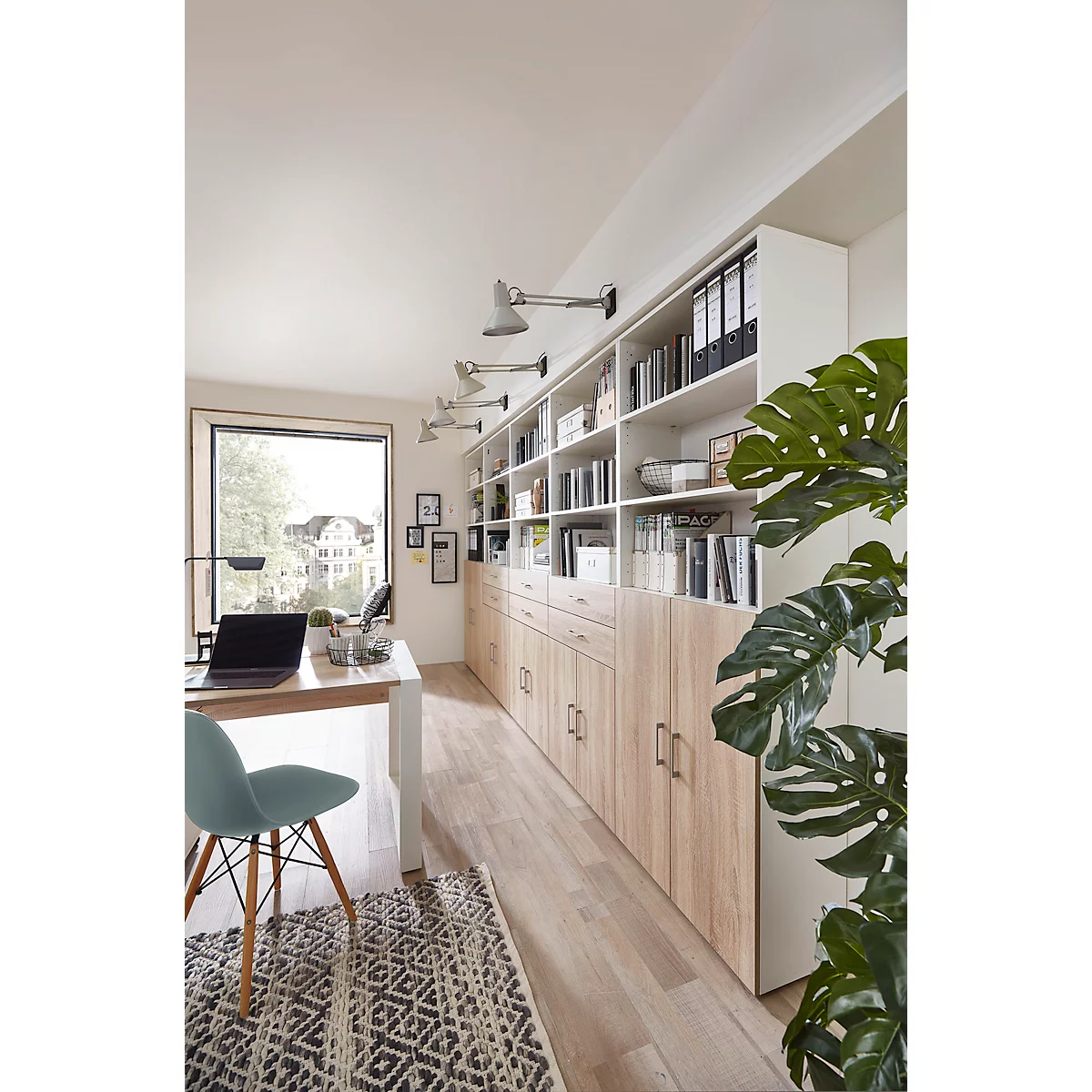 Home Office-combinatiekast TEMPIO, van hout, 2 deuren (3 OH), 6 OH, B 800 x D 340 x H 2130 mm, eiken wit/Sonoma