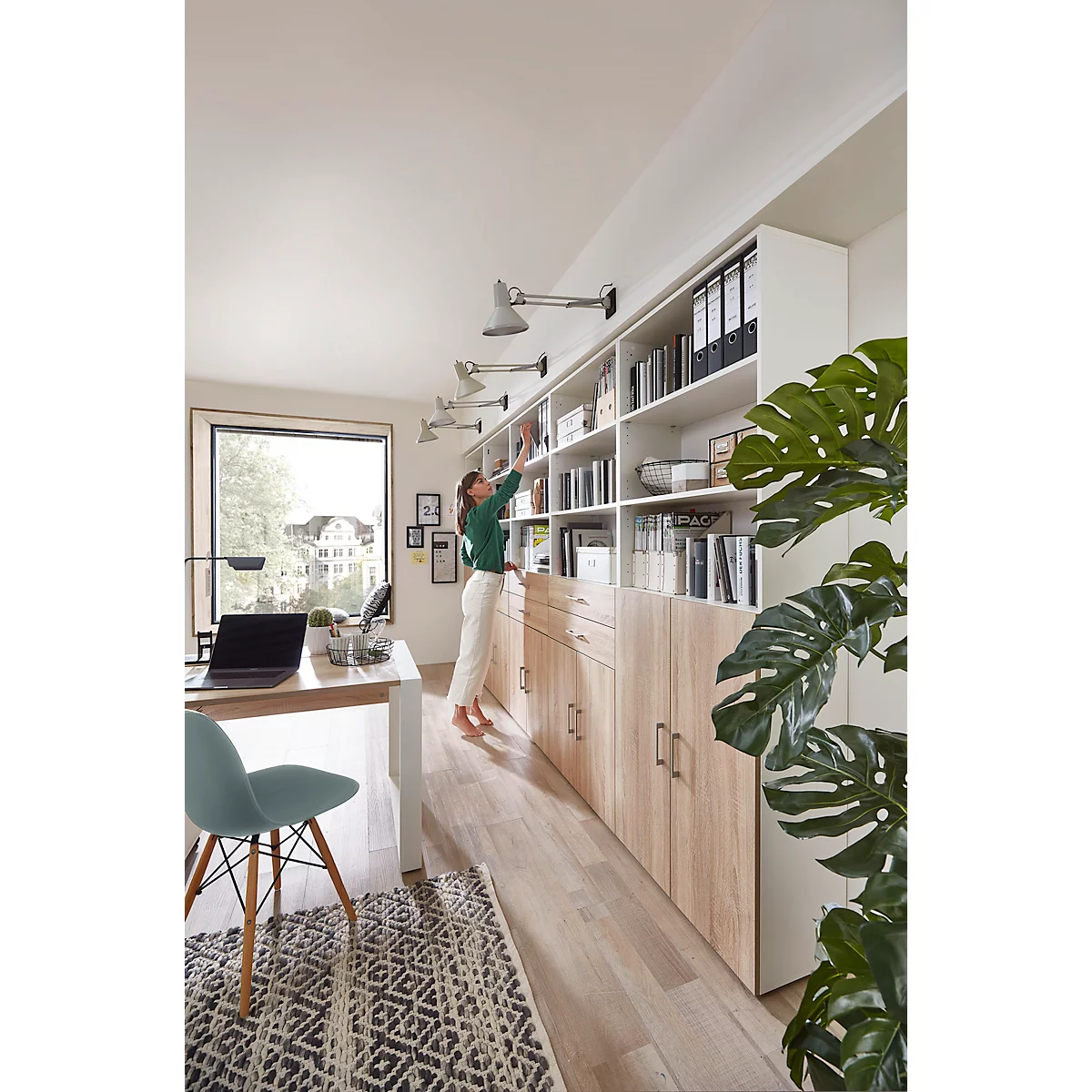 Home Office-combinatiekast TEMPIO, van hout, 2 deuren (3 OH), 6 OH, B 800 x D 340 x H 2130 mm, eiken wit/Sonoma