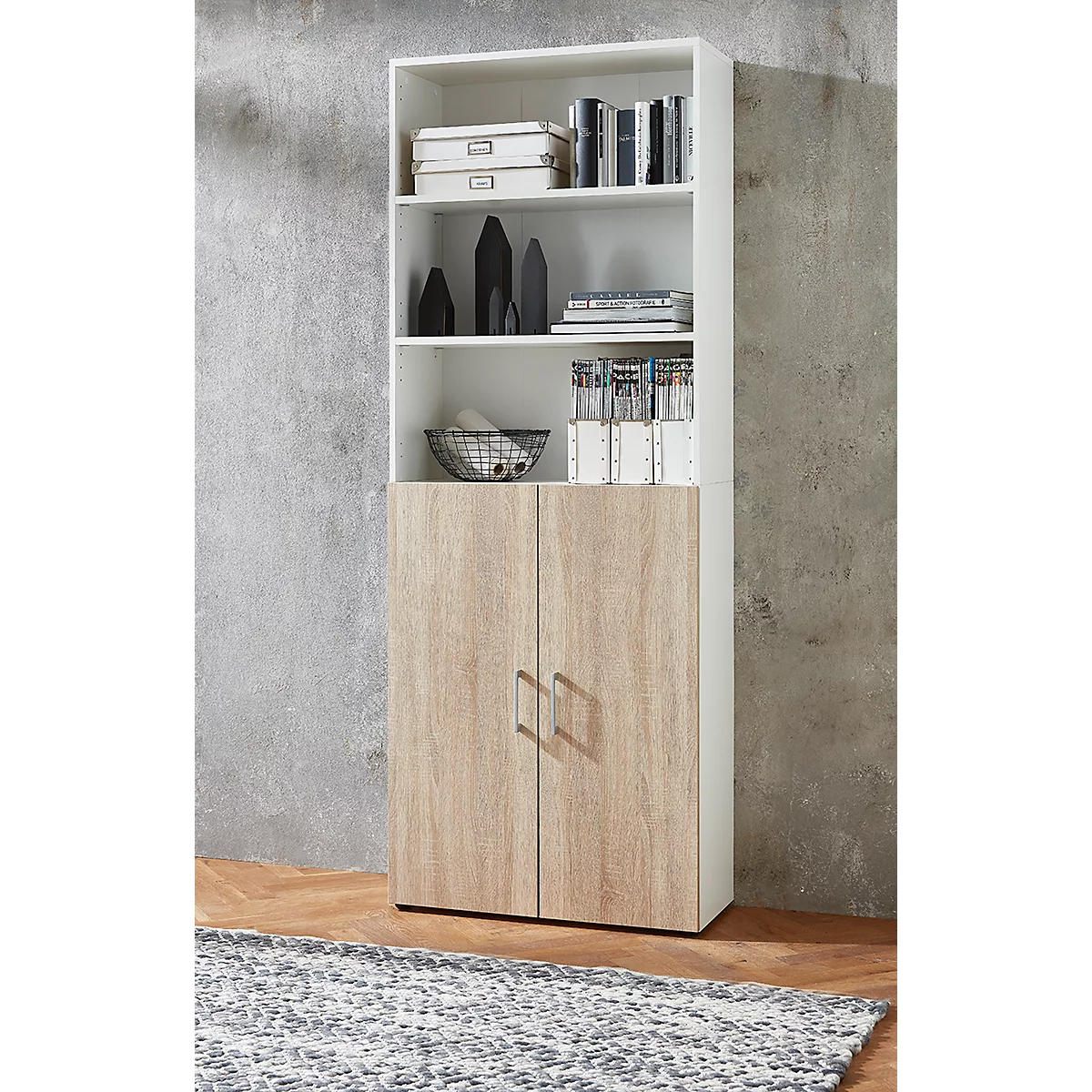 Home Office-combinatiekast TEMPIO, van hout, 2 deuren (3 OH), 6 OH, B 800 x D 340 x H 2130 mm, eiken wit/Sonoma