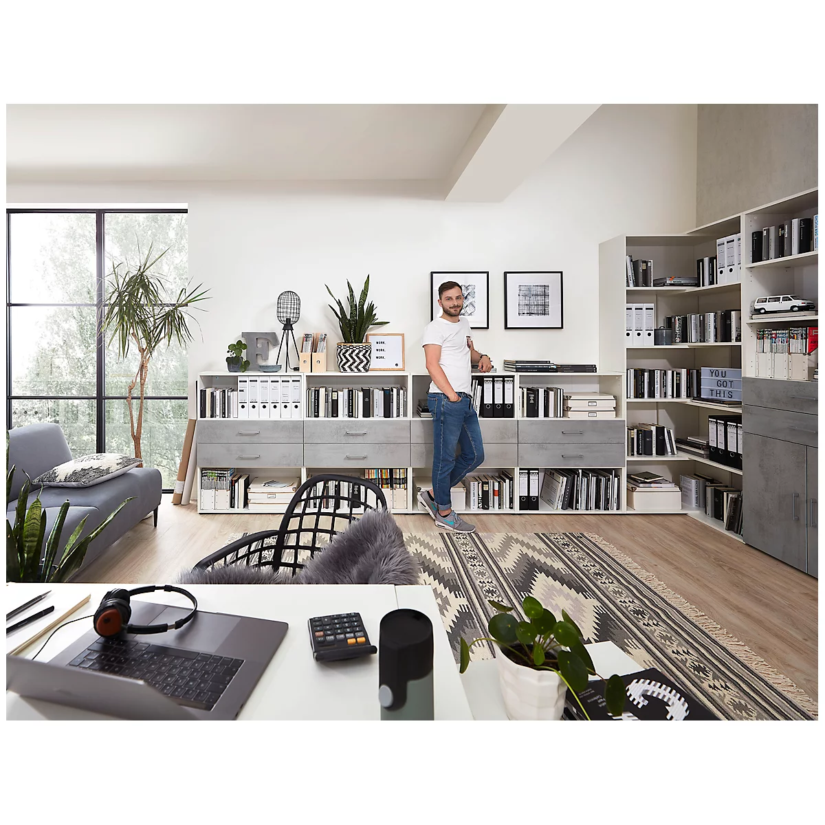 Home Office combinatierek TEMPIO, van hout, 2 laden, 3 OH, B 800 x D 340 x H 1070 mm, wit/beton