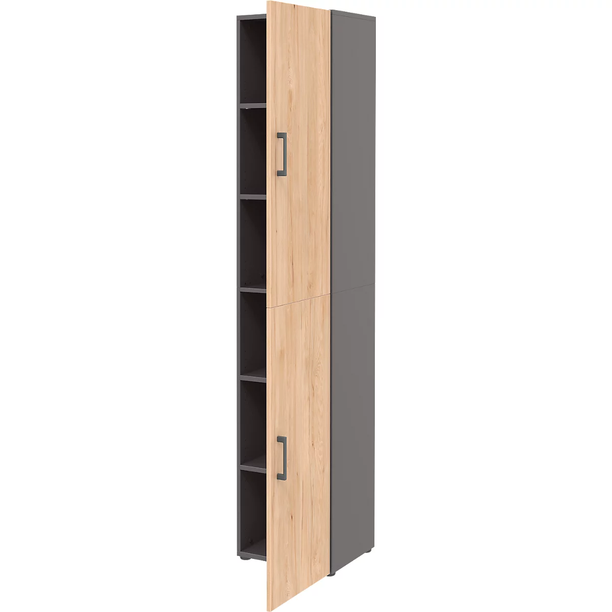 Tall grey cabinet with light brown doors, one door open.