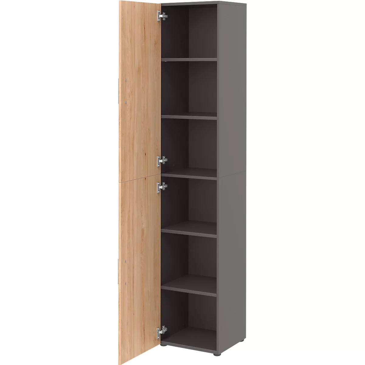 A cabinet with the left door in wood look is half open. Several shelves are visible inside.