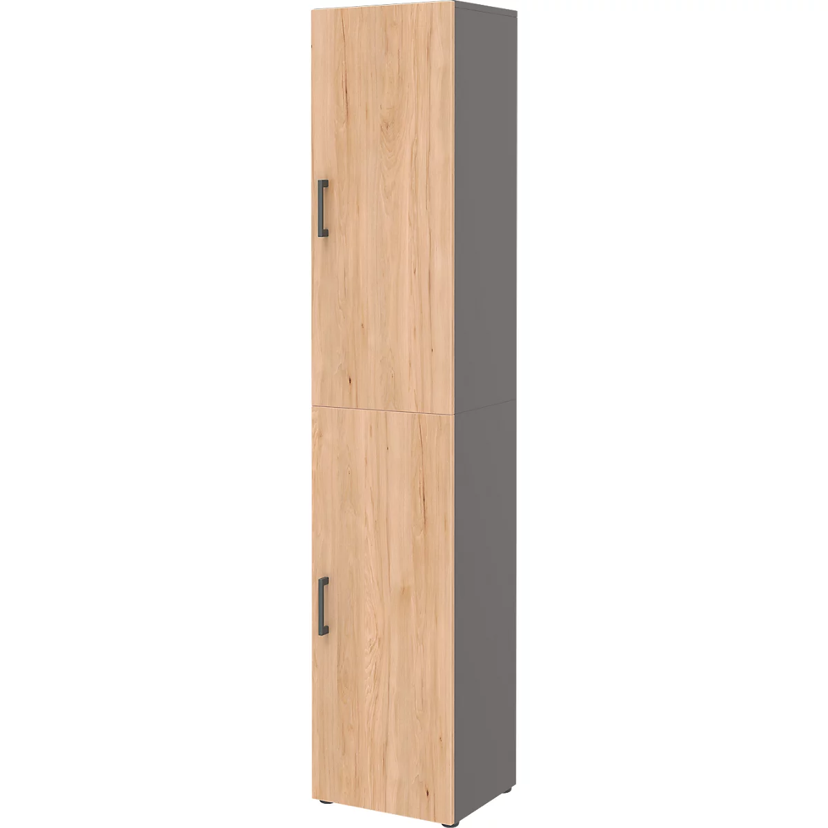 Cabinet with two doors, wood look, gray side.