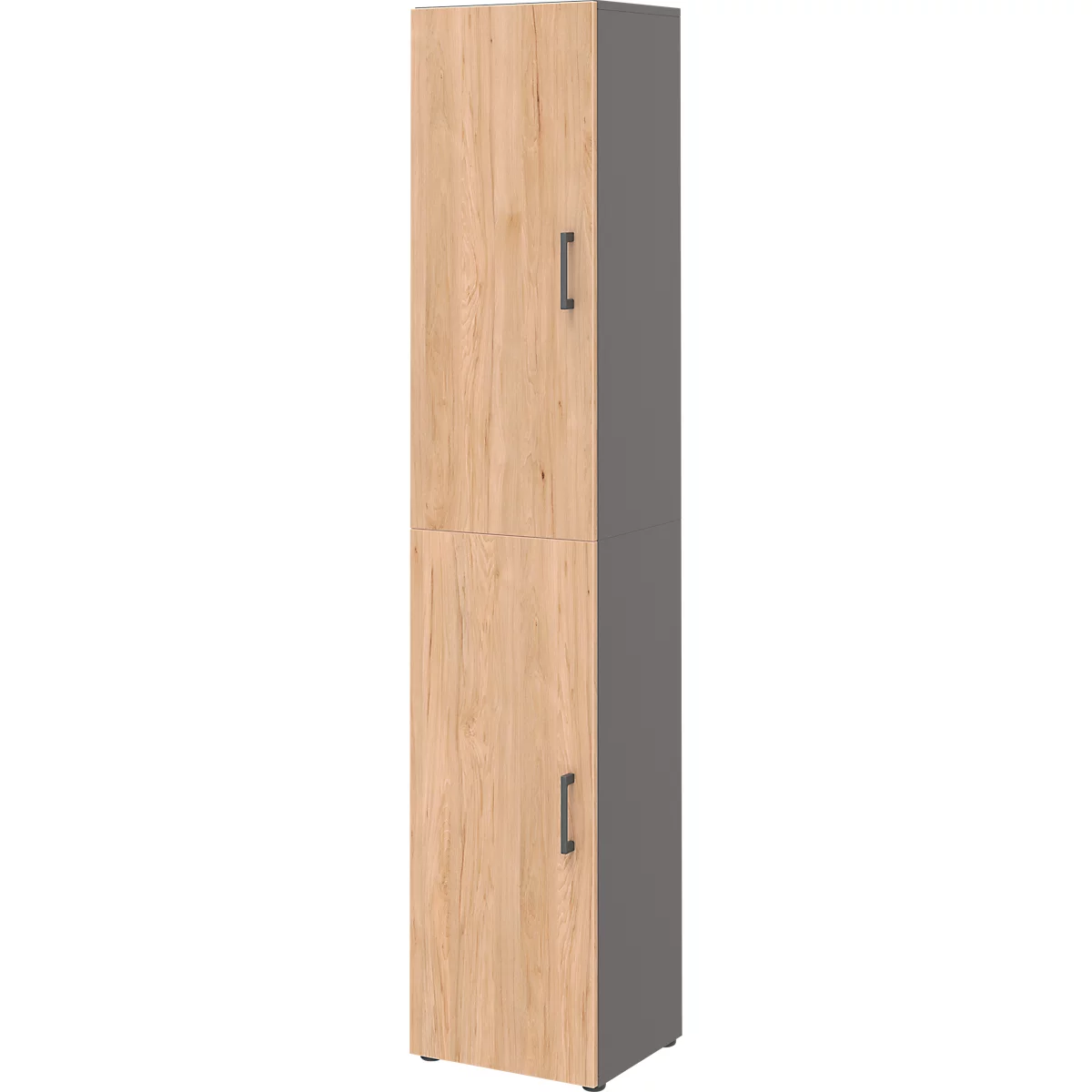 A tall, two-door cabinet with a wood look and dark handles. Gray sides.