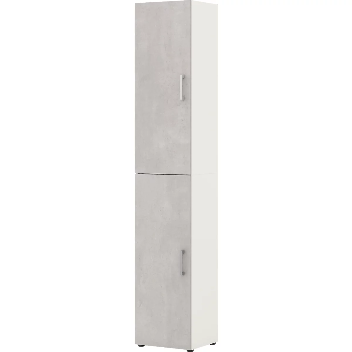 Tall cabinet, two-door, with light gray fronts, white sides. Metal handles, simple design.