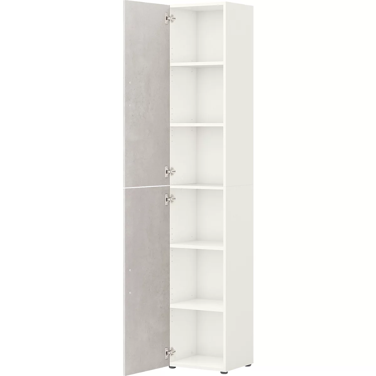 A white cabinet, the left door with a gray stone look open. Five shelves can be seen inside.