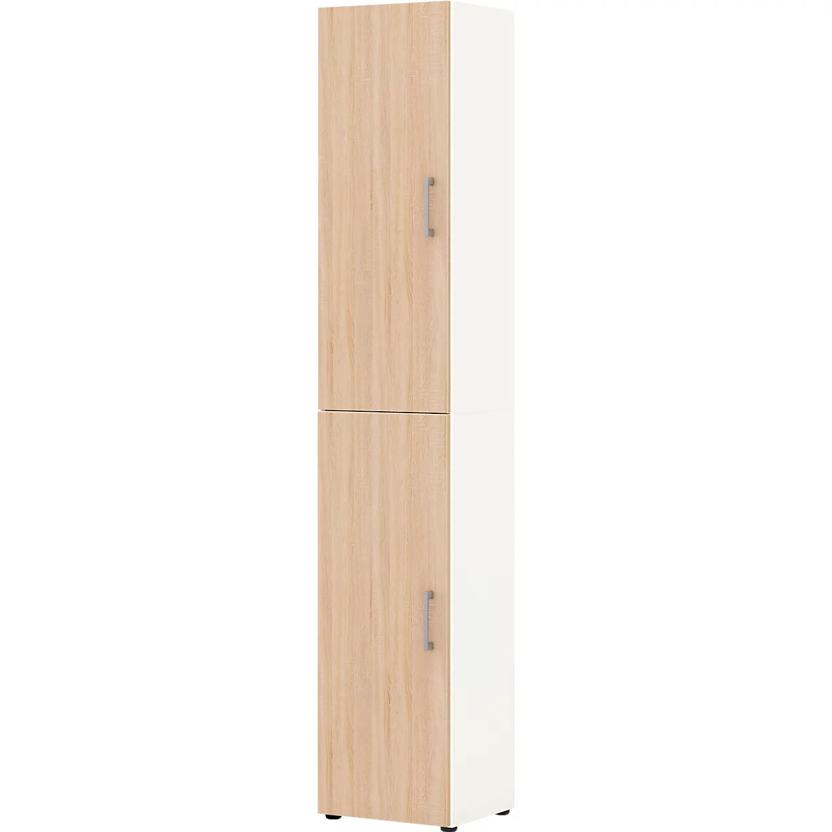 A tall, two-part cabinet in a combination of light wood and white. Handles are silver.