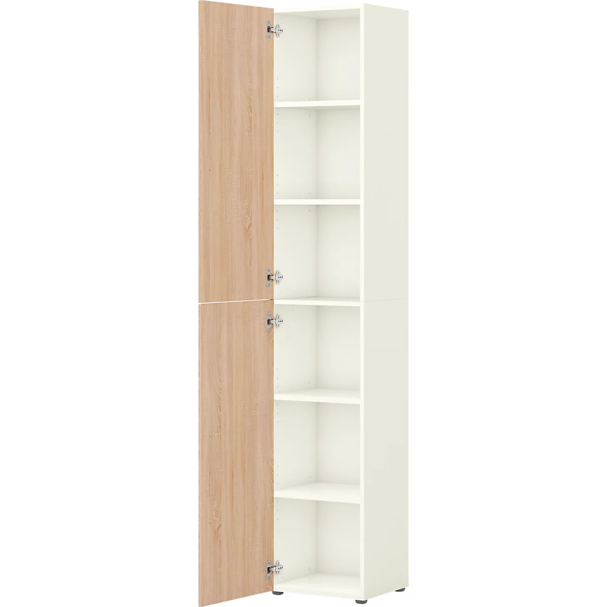 A tall, cream-colored cabinet with one open, light brown door. Inside the cabinet are several shelves.
