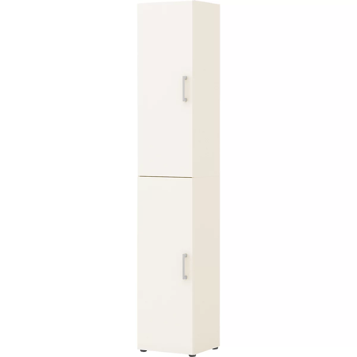 A cream-colored tall cabinet with two doors and silver handles.
