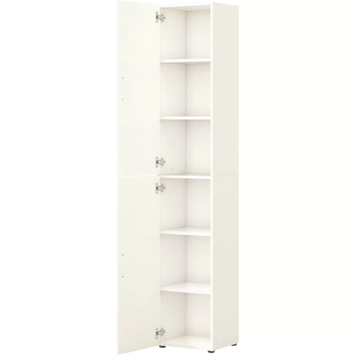 White cabinet with open doors. Interior shelves visible.