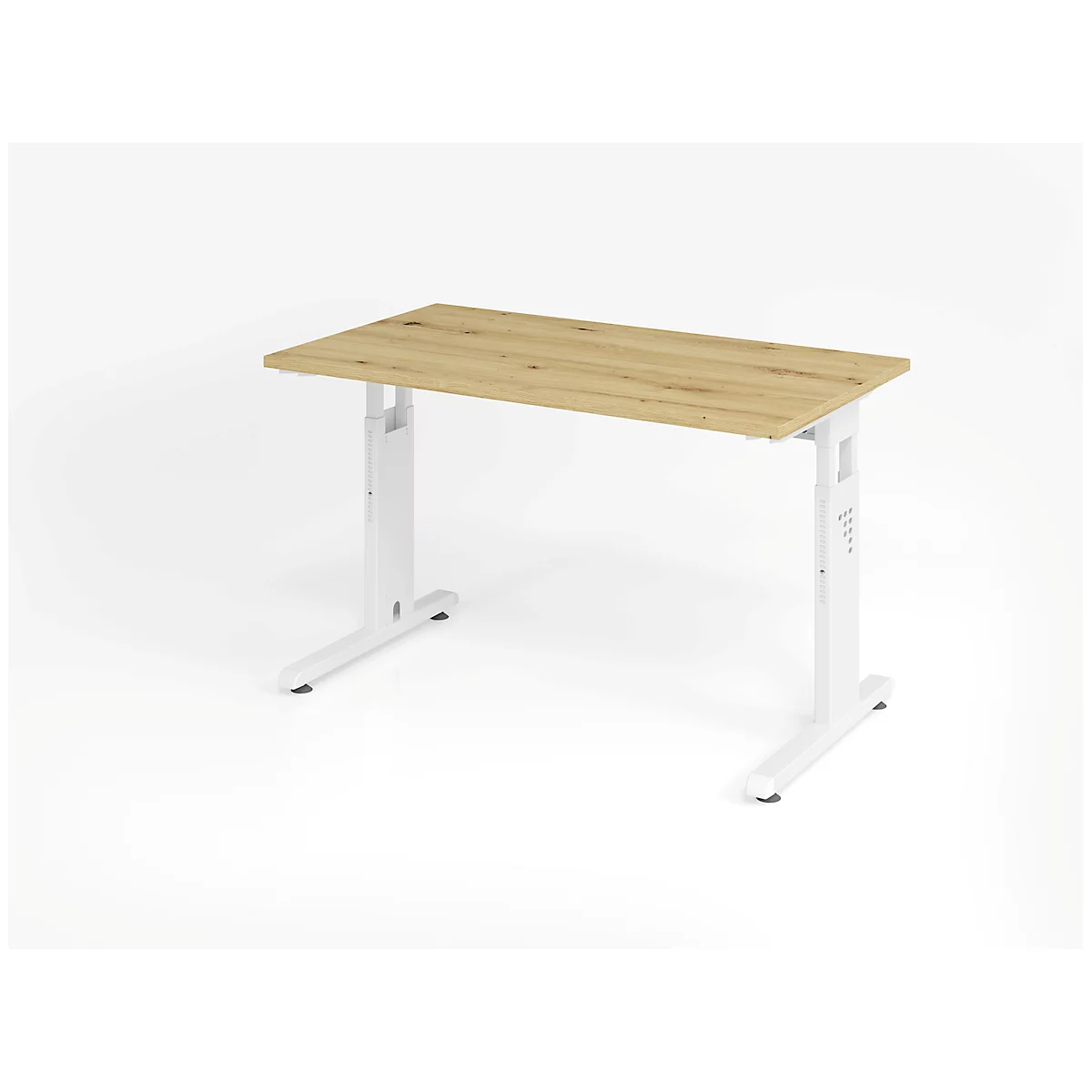 A height-adjustable desk with a wooden top and white legs against a white background.
