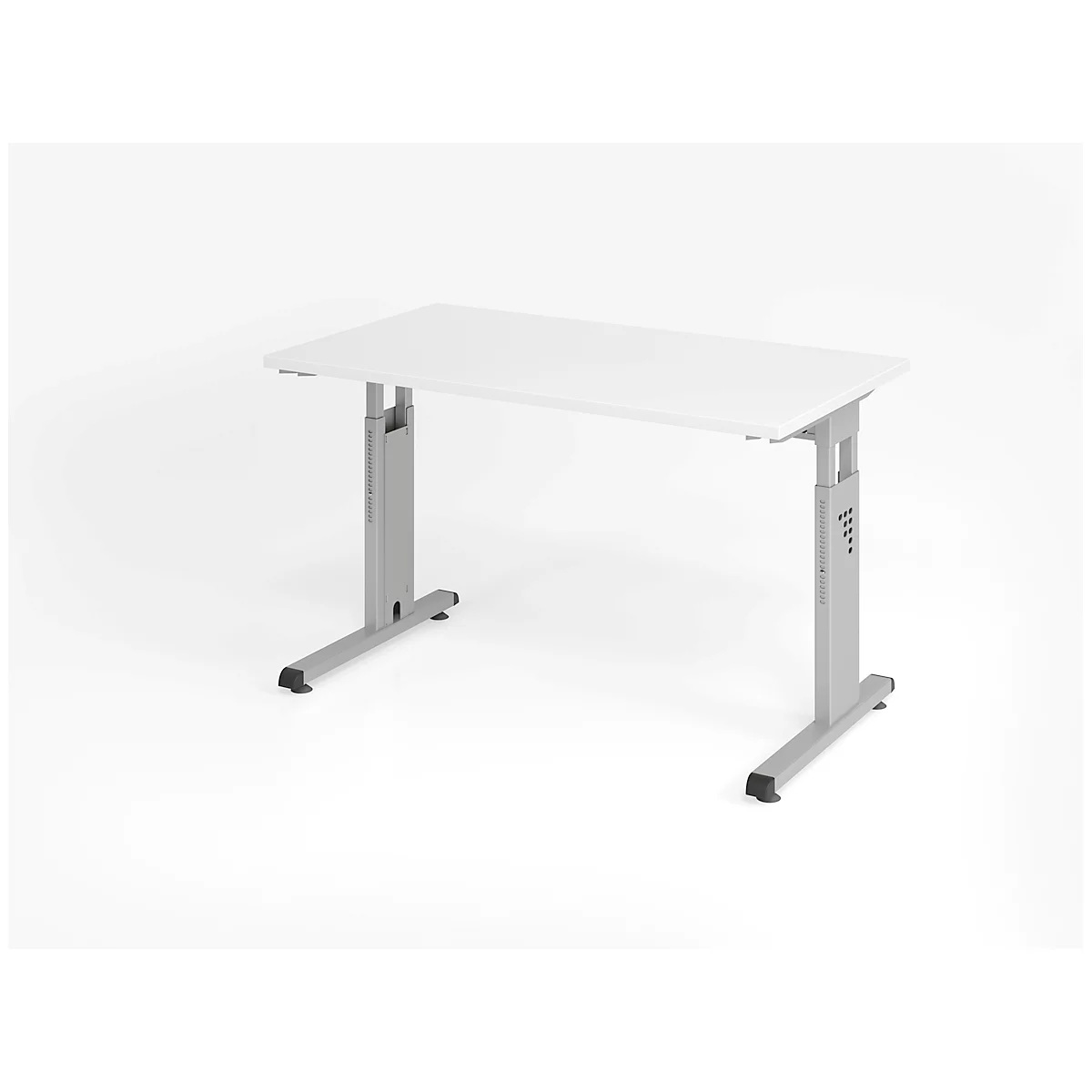 White, height-adjustable desk on a white background.