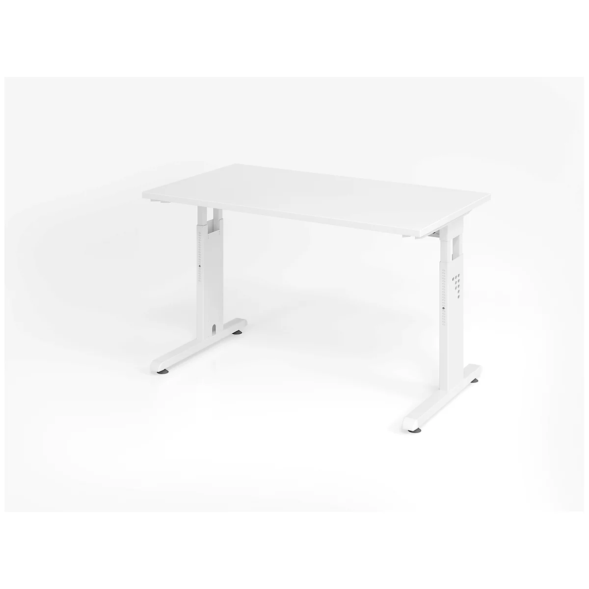 A white height-adjustable desk against a white background.