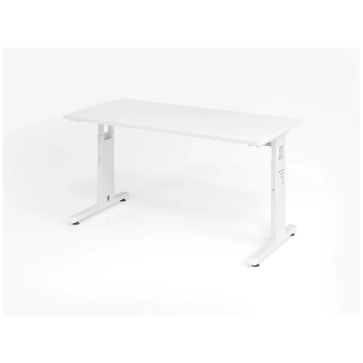 White desk on a bright background. The furniture is height adjustable.