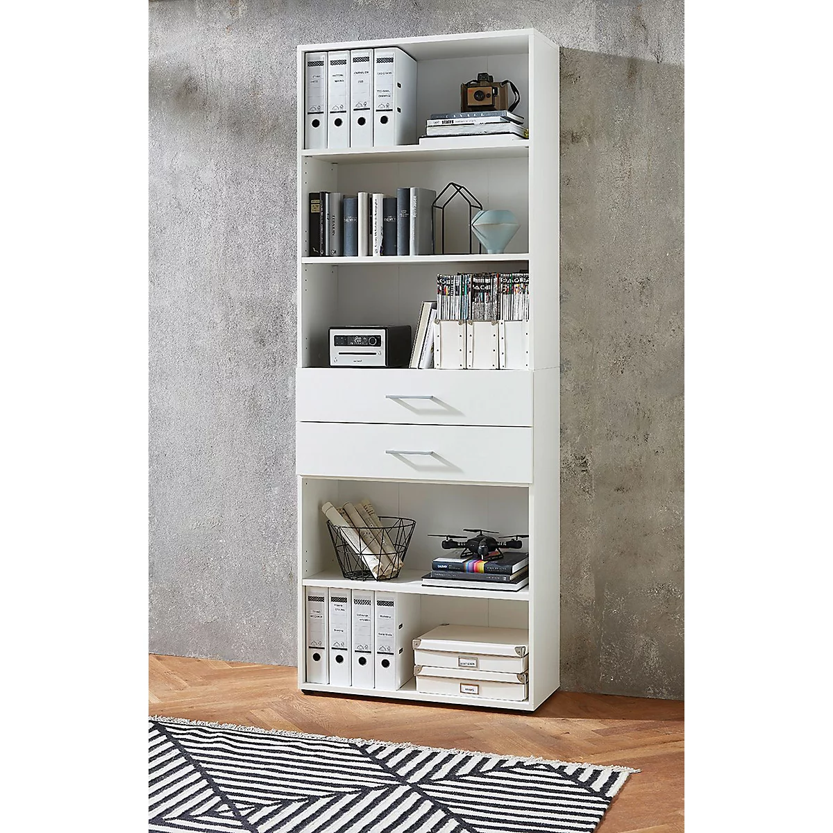Home Office étagère combinée TEMPIO, en bois, 2 tiroirs, 6 OH, L 800 x P 330 x H 2130 mm, blanc/blanc