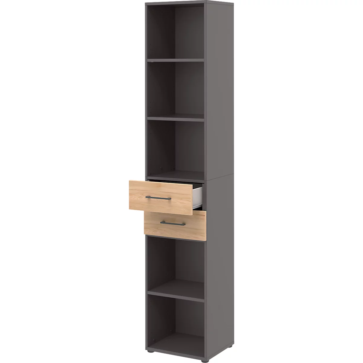 Home Office Kombiregal TEMPIO, aus Holz, 2 Einschübe, 6 OH, B 400 x T 330 x H 2130 mm, anthrazit/ Hickory Eiche 