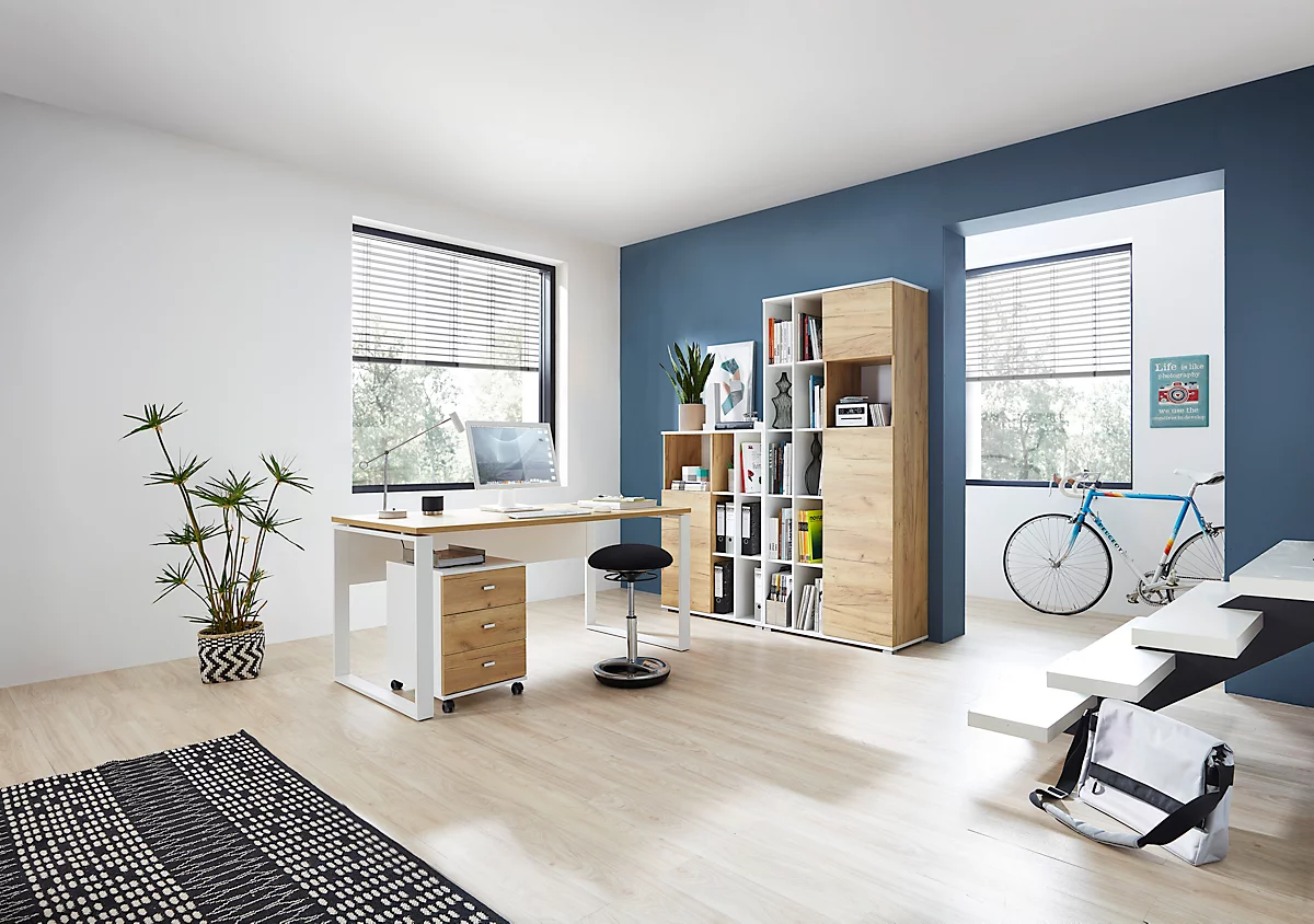 Home Office Kombischrank LIONI, aus Holz, 1 Tür, 2 geschlossene & 7 offene Fächer, B 850 x T 400 x H 1200 mm, weiß/Navarra Eiche