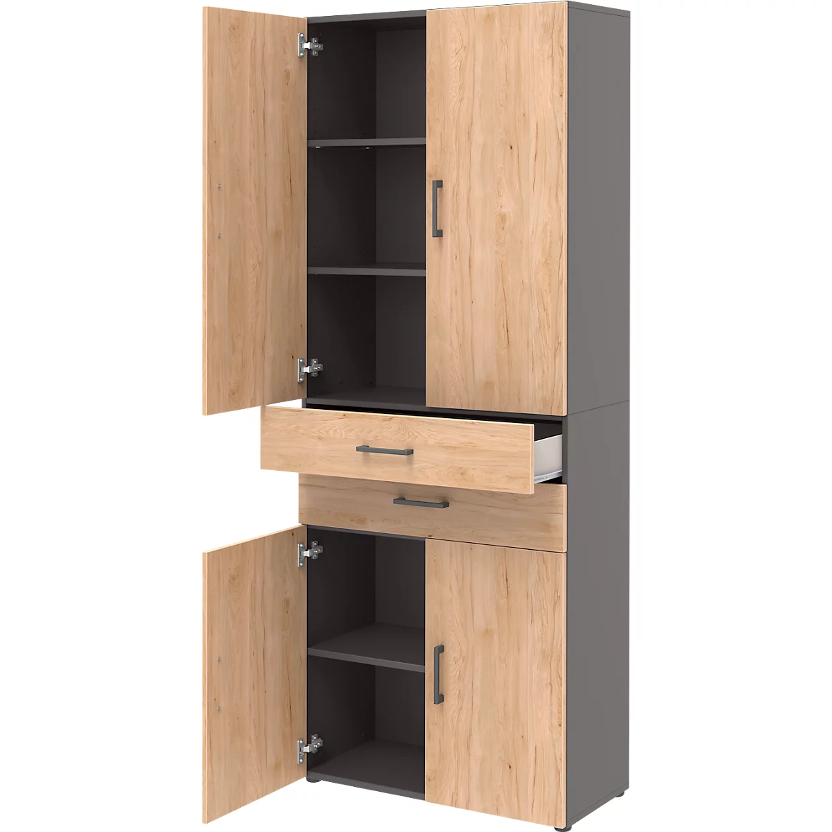 Home Office Schrank TEMPIO, aus Holz, 4 Türen, 2 Schubkästen, 6 OH, B 800 x T 340 x H 2130 mm, anthrazit/Hickory Eiche