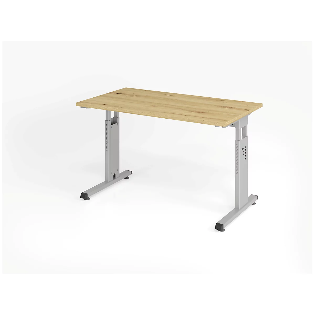 Home Office-Schreibtisch, manuelle Höhenverstellung, rechteckig, C-Füße, B 1200 x T 672 x H 650-850 mm, Wildeiche/Silber