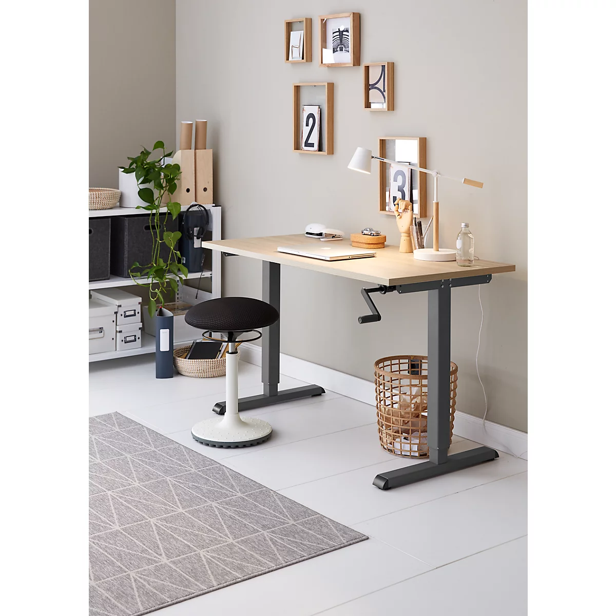 Home-Office-Schreibtisch Multiflex, manuell höhenverstellbar mit Kurbel, B 1300 x T 650 x H 700-1180 mm, Eiche/anthrazit
