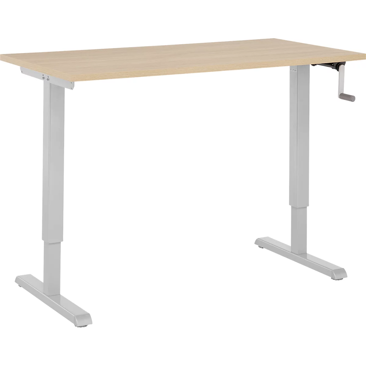 Home-Office-Schreibtisch Multiflex, manuell höhenverstellbar mit Kurbel, B 1300 x T 650 x H 700-1180 mm, Eiche/weißalu