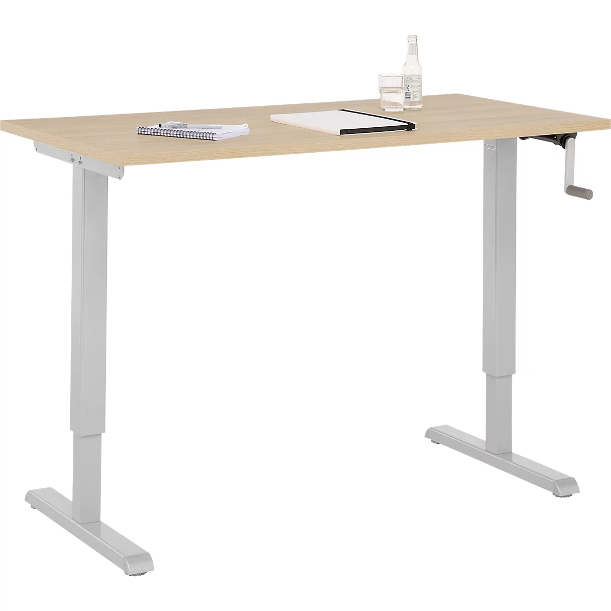 Home-Office-Schreibtisch Multiflex, manuell höhenverstellbar mit Kurbel, B 1300 x T 650 x H 700-1180 mm, Eiche/weißalu