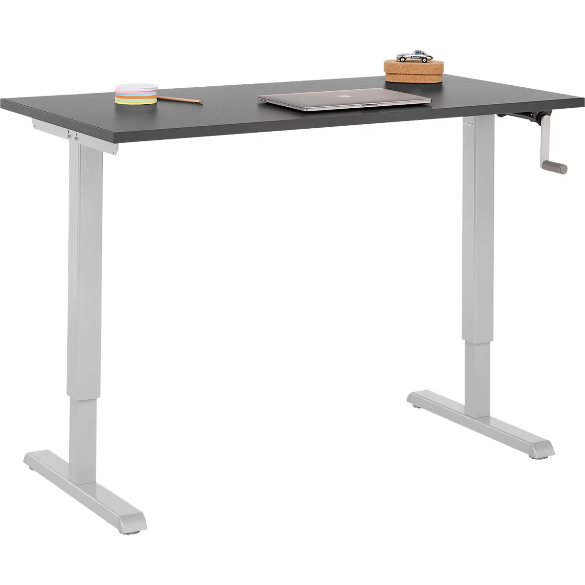 Home-Office-Schreibtisch Multiflex, manuell höhenverstellbar mit Kurbel, B 1300 x T 650 x H 700-1180 mm, graphit/weißalu