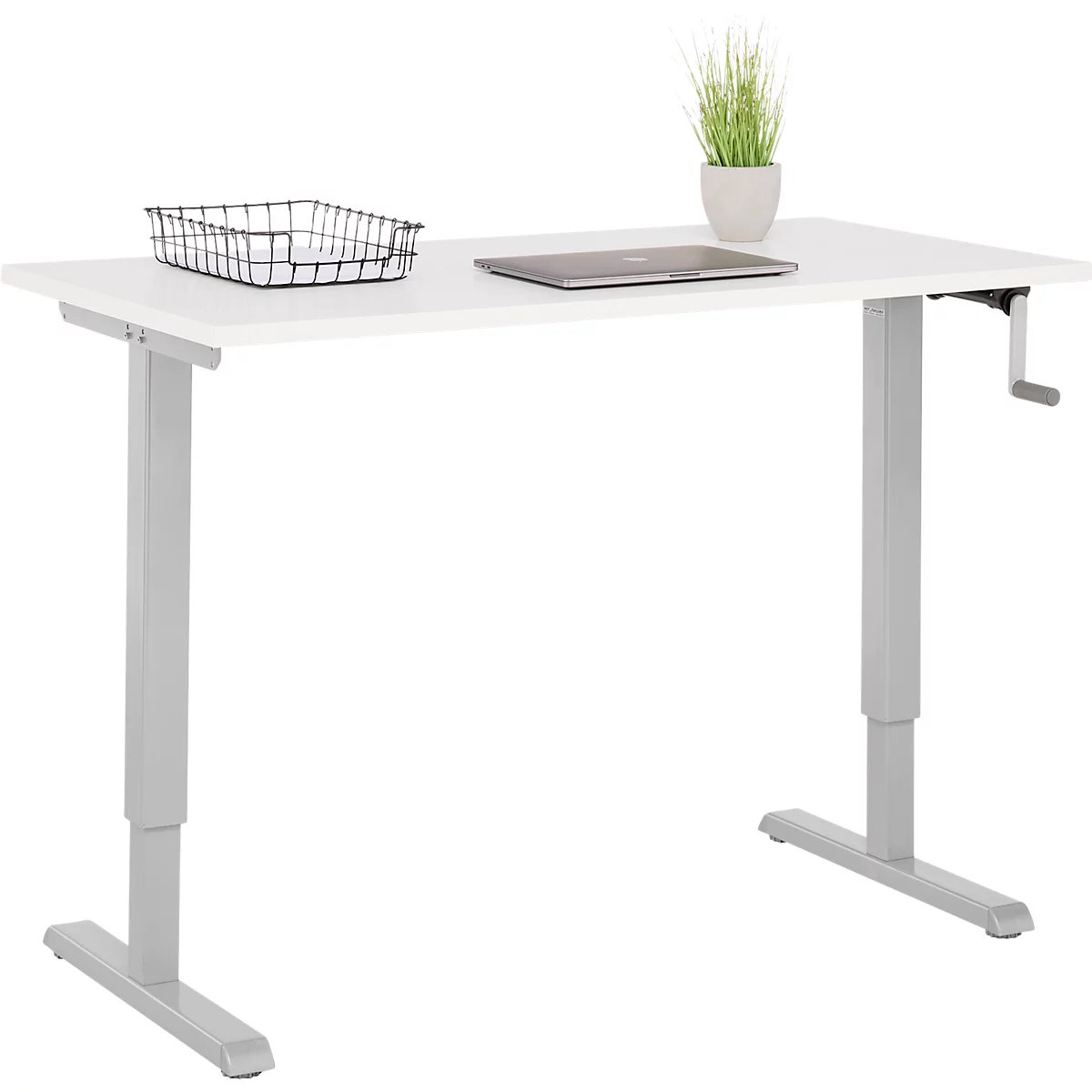 Home-Office-Schreibtisch Multiflex, manuell höhenverstellbar mit Kurbel, B 1300 x T 650 x H 700-1180 mm, weiß/weißalu