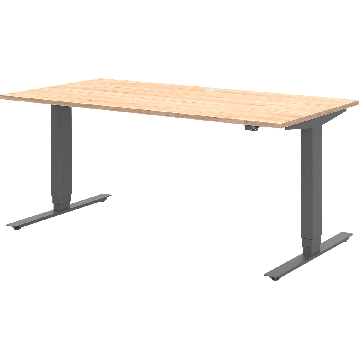 Home Office Schreibtisch TEMPIO, elektrisch höhenverstellbar, geteilte Tischplatte mit Klappe, B 1600 x T 700 x H 640-1280 mm, Hickory-Eiche/anthrazit