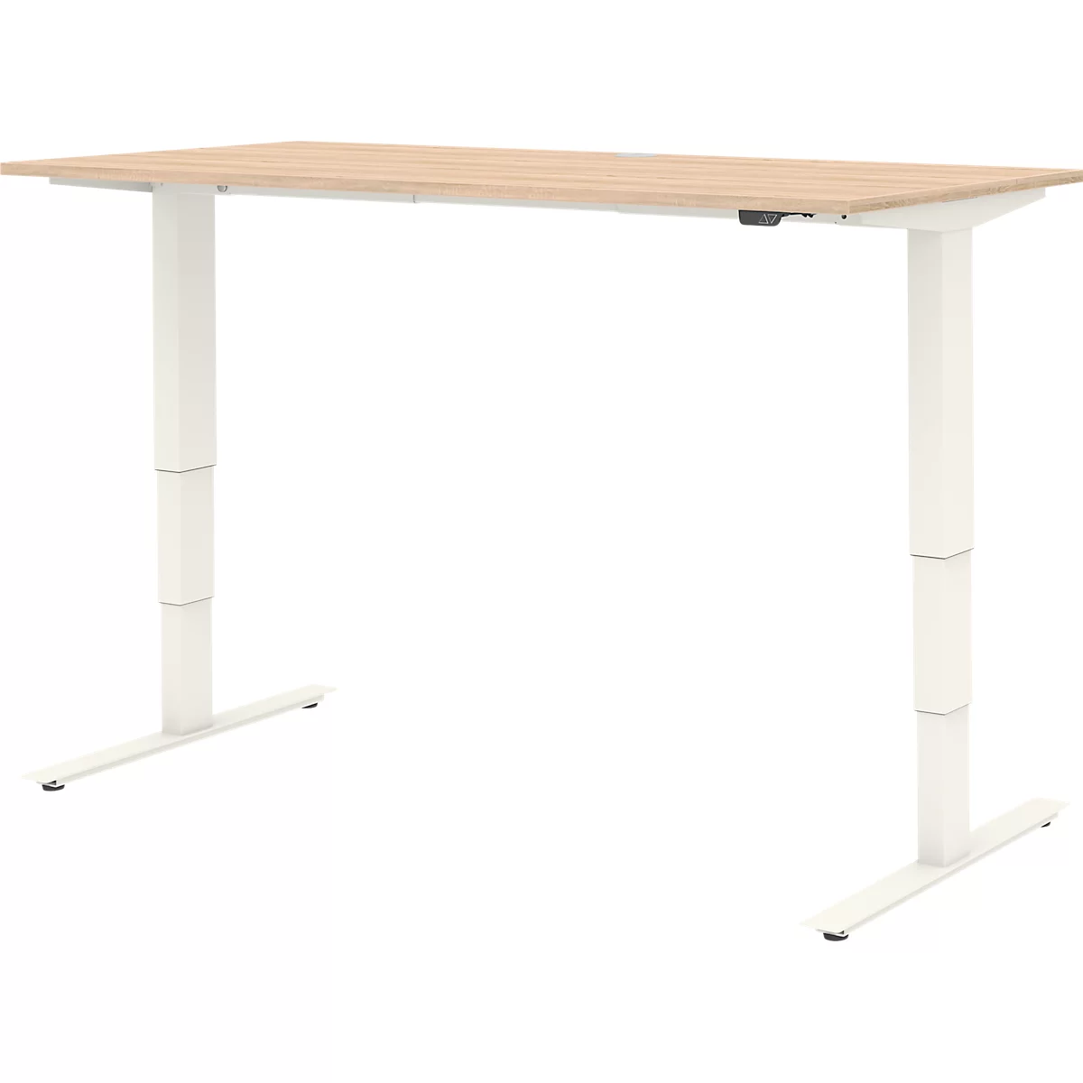 Home Office Schreibtisch TEMPIO, elektrisch höhenverstellbar, geteilte Tischplatte mit Klappe, B 1600 x T 700 x H 640-1280 mm, Sonoma Eiche/weiß
