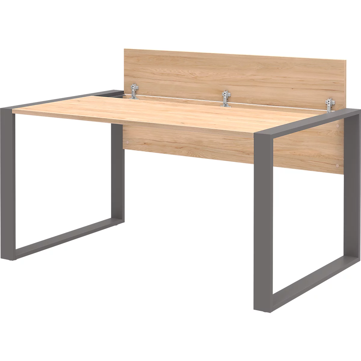 Home Office Schreibtisch TEMPIO, Rechteck, Kufen, B 1500 x T 800 x H 740 mm, Hickory-Eiche/anthrazit + Kabelführungsbügel