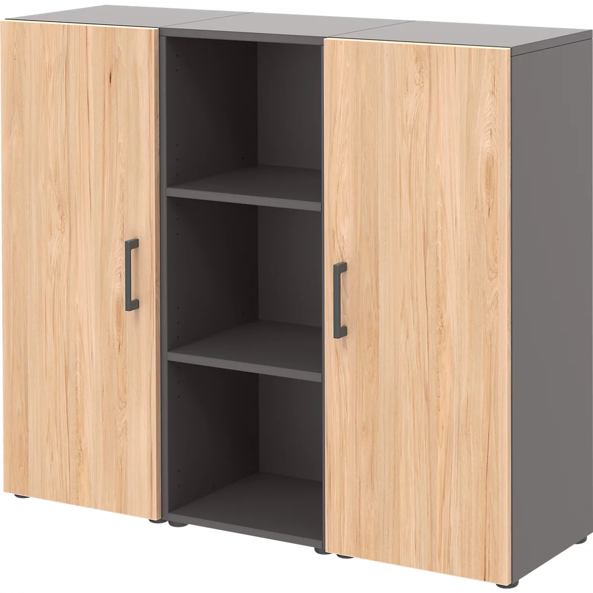 Home Office Sideboard TEMPIO, aus Holz, 2 Türen, 1 Regal, 3 OH, B 1200 x T 340 x H 1070 mm, anthrazit/ Hickory Eiche 