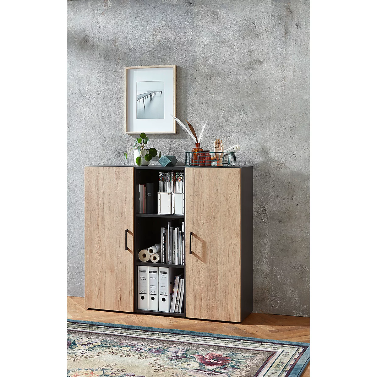 Home Office Sideboard TEMPIO, aus Holz, 2 Türen, 1 Regal, 3 OH, B 1200 x T 340 x H 1070 mm, anthrazit/ Hickory Eiche 