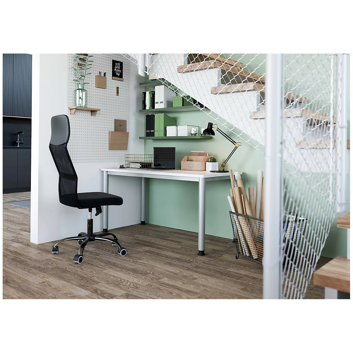 Home Office Tisch, Rechteck, 4-Fuß Rundrohr, B 1400 x T 672 x H 685-810 mm, weiß/silber