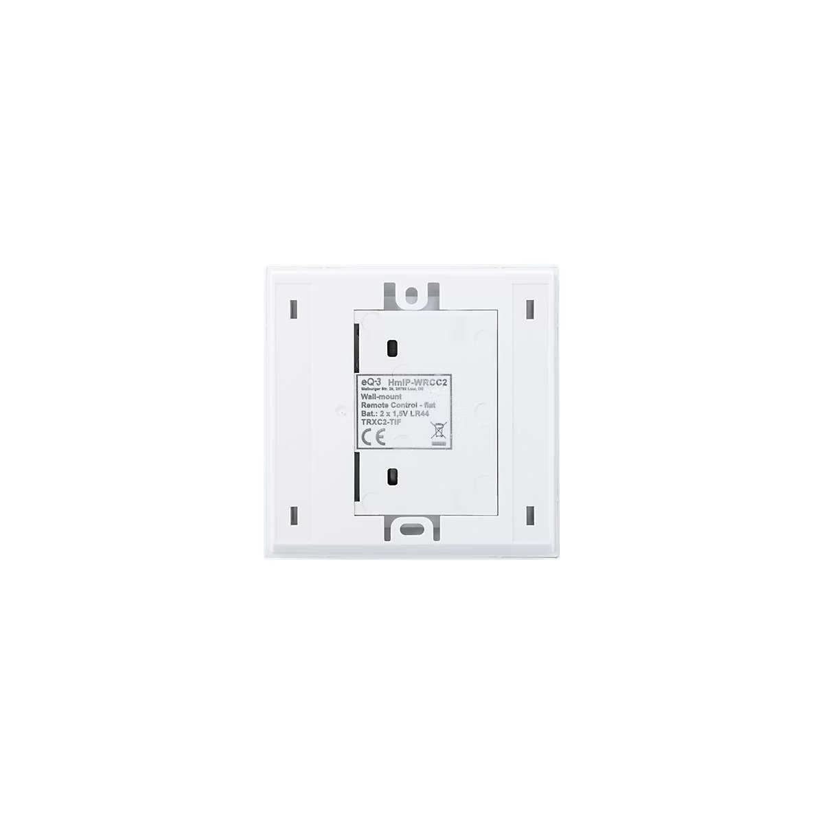 Weißes, quadratisches Wandbedienelement mit freiliegender Rückseite. Text: eQ-3 HmIP-WRCC2, Wall-mount, Remote Control, Bat.: 2x1,5V LR44.