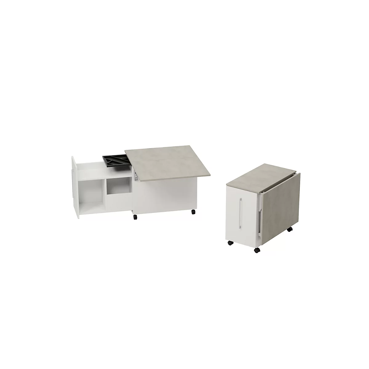 Homeoffice mobiele lade Multicontainer, met uittrekbaar, neerklapbaar zijpaneel links, B 480-1080 x D 800 x H 740 mm, Ceramisch grijs/wit