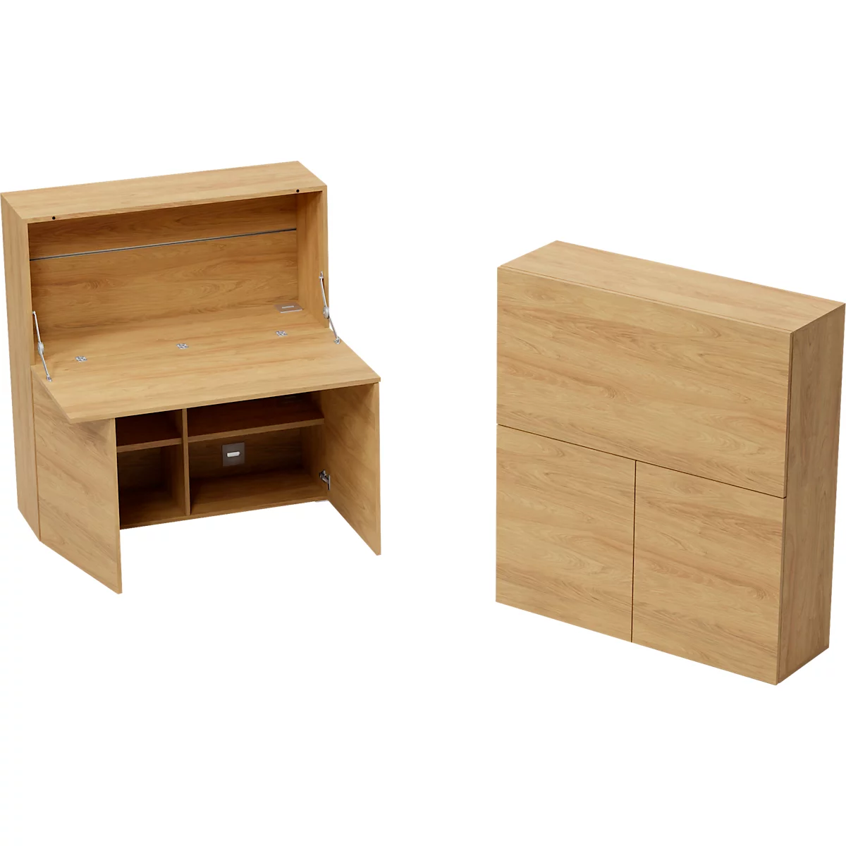 Sekretär in Eichenoptik, links ausgeklappt als Schreibtisch, rechts geschlossen als Schrank.