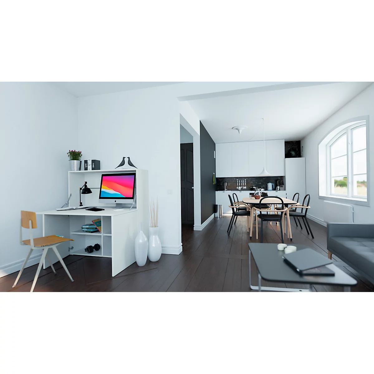 Homeoffice Sekretär, Tischplatte B 1200 x H 600 mm, Kabeldurchlässe/Systemschiene/Klappfach, B 1200 x T 380 x H 1320 mm, Holz, weiß