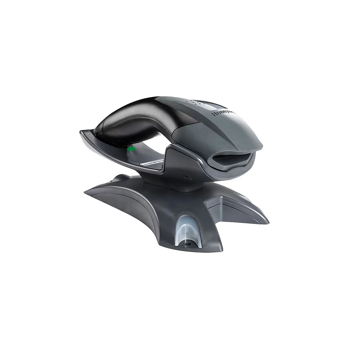 Un lecteur de code-barres Honeywell gris sur une base noire. La poignée est noire et la tête grise.