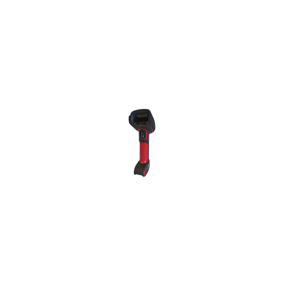 Scanner de codes-barres portable en noir et rouge sur fond blanc.
