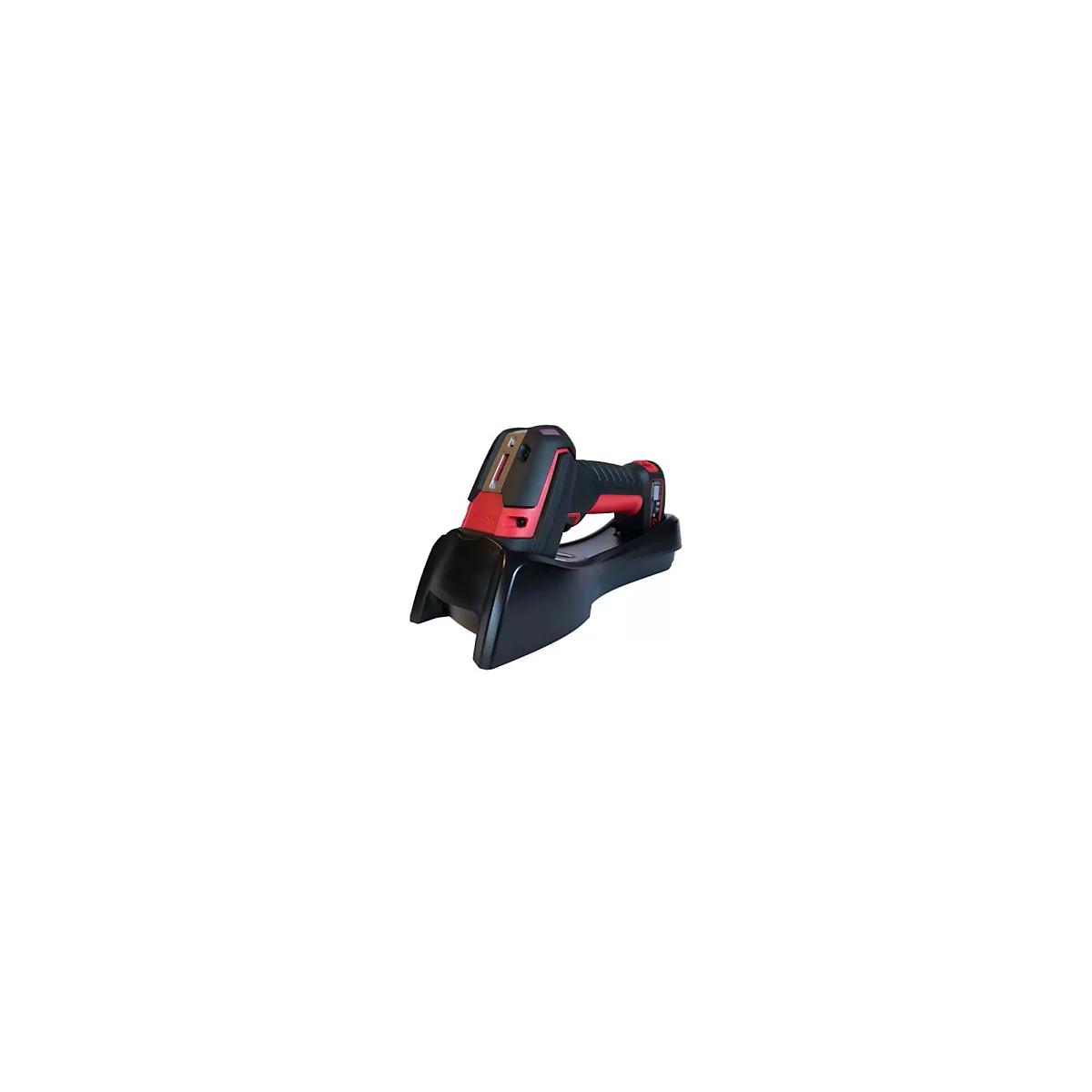 Ein kabelloser Barcode-Scanner in Schwarz und Rot steht in einer schwarzen Ladestation. Das Honeywell-Logo ist deutlich sichtbar.