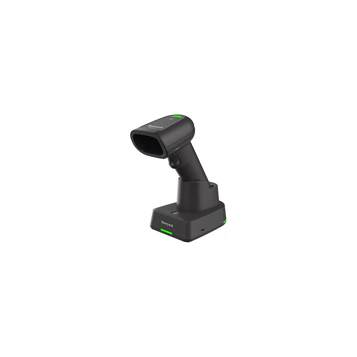 Scanner de codes-barres noir avec station de charge. Lumières vertes en haut et en bas.