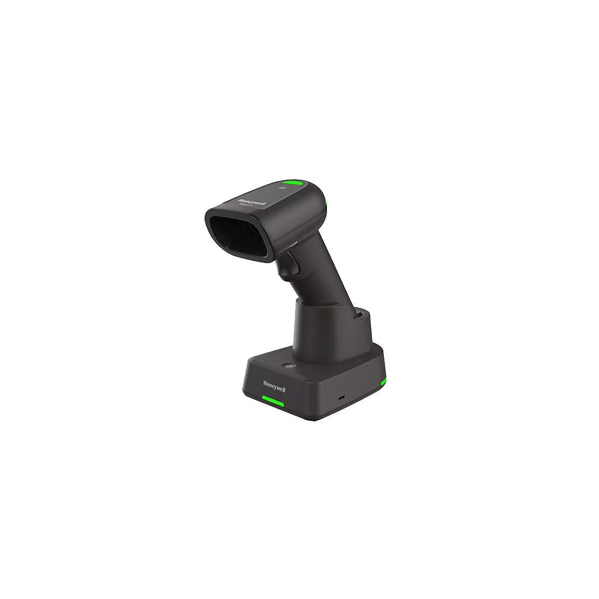 Scanner de codes-barres sans fil noir Honeywell avec socle de charge et témoin lumineux vert.